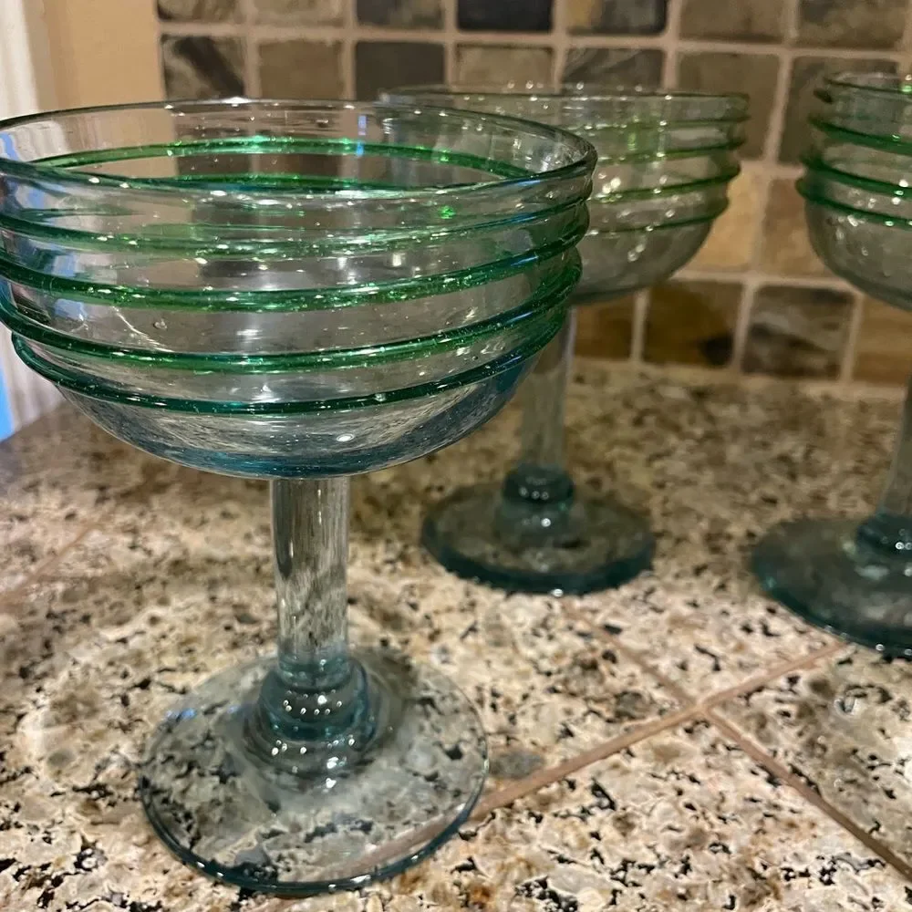 4 Hand Blown Green Glass Margarita Glasses Made in Mexico